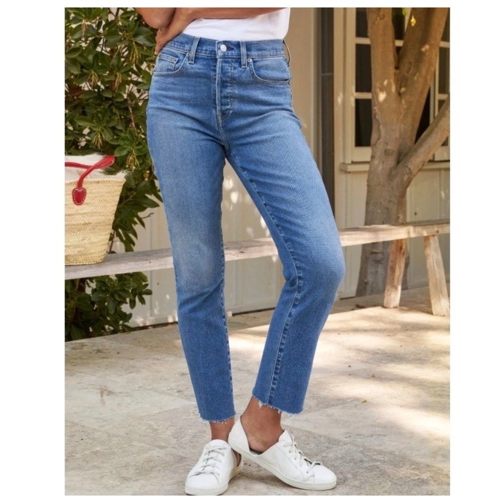 Frank & Eileen Cork High Rise Straight Leg Jeans Antique Blue Raw Hem 31 D601
